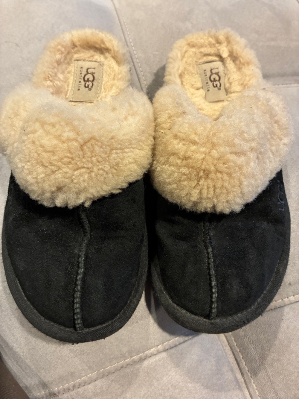 UGG Women's Black Suede Slippers with Chestnut Sheepskin Collar